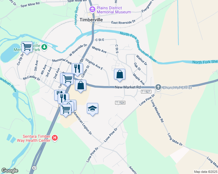 map of restaurants, bars, coffee shops, grocery stores, and more near 0 Virginia Avenue East in Timberville