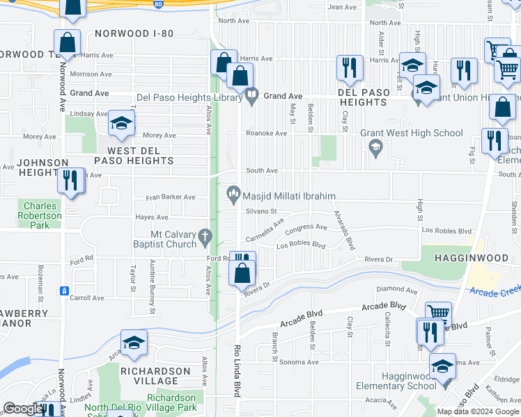 map of restaurants, bars, coffee shops, grocery stores, and more near 3446 Cypress Street in Sacramento