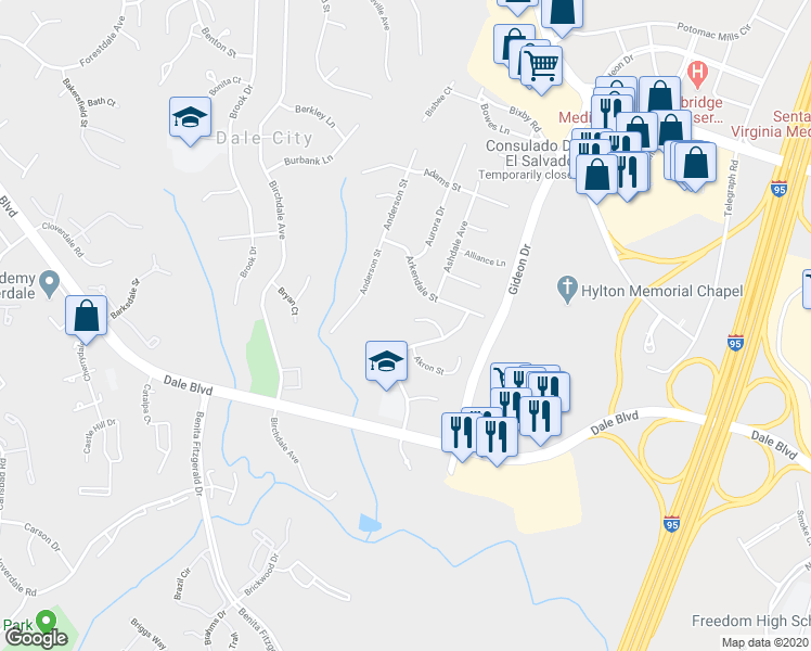 map of restaurants, bars, coffee shops, grocery stores, and more near 3099 Acorn Court in Woodbridge