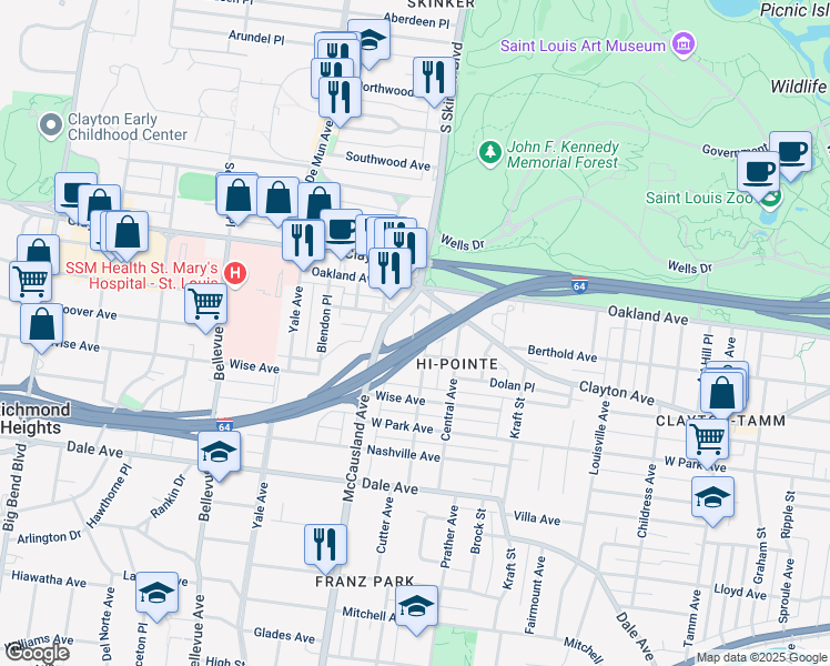 map of restaurants, bars, coffee shops, grocery stores, and more near 1033 Forest Avenue in St. Louis