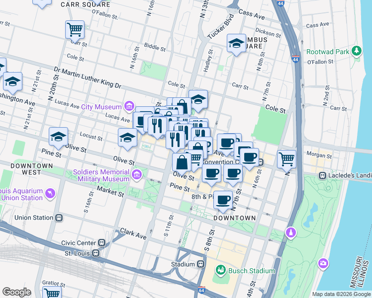 map of restaurants, bars, coffee shops, grocery stores, and more near 414 North Tucker Boulevard in St. Louis