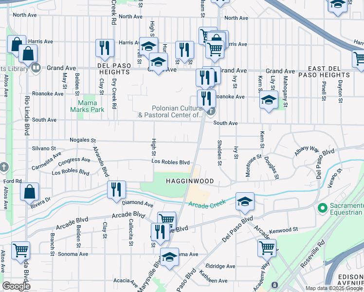 map of restaurants, bars, coffee shops, grocery stores, and more near 1520 Nogales Street in Sacramento