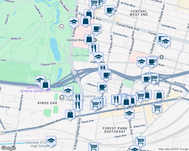 map of restaurants, bars, coffee shops, grocery stores, and more near 4551 Chouteau Avenue in St. Louis
