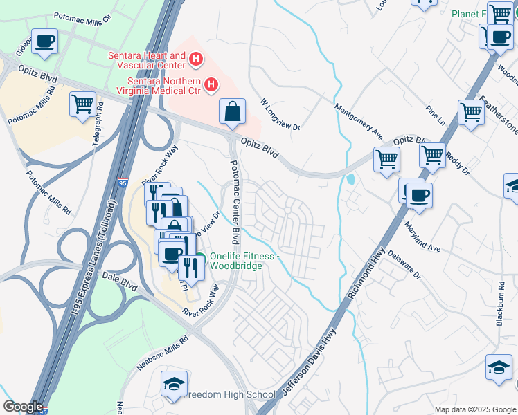 map of restaurants, bars, coffee shops, grocery stores, and more near 2400 Brookmoor Lane in Woodbridge