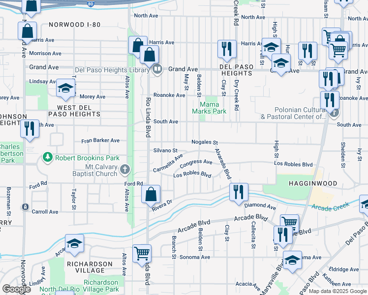 map of restaurants, bars, coffee shops, grocery stores, and more near 1021 Silvano Street in Sacramento