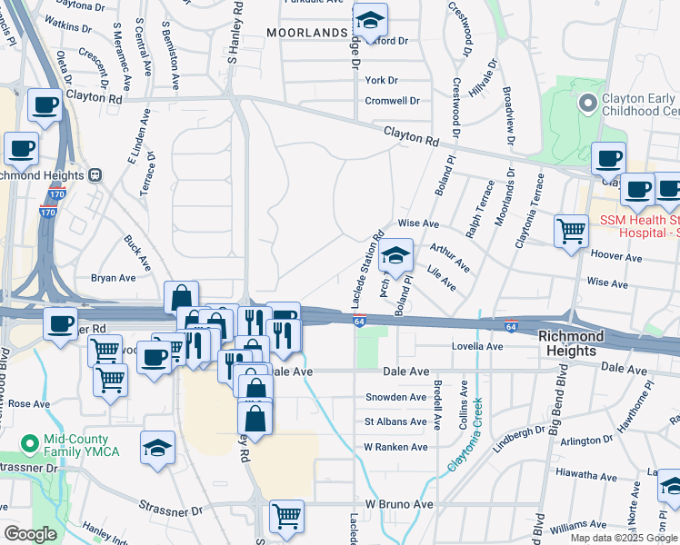 map of restaurants, bars, coffee shops, grocery stores, and more near Bennett Avenue in Richmond Heights