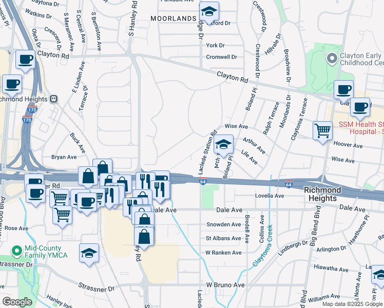 map of restaurants, bars, coffee shops, grocery stores, and more near Bennett Avenue in Richmond Heights