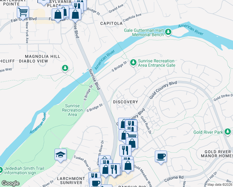 map of restaurants, bars, coffee shops, grocery stores, and more near 1905 Discovery Village Lane in Gold River