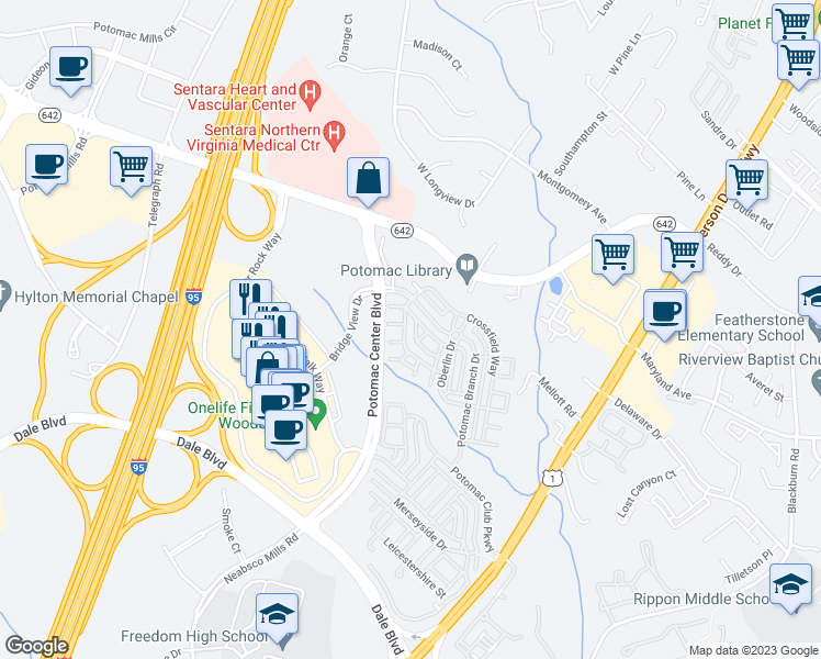 map of restaurants, bars, coffee shops, grocery stores, and more near 2400 Brookmoor Lane in Woodbridge