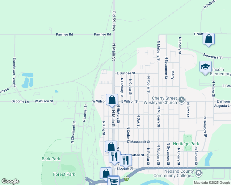 map of restaurants, bars, coffee shops, grocery stores, and more near 1023 North Main Street in Ottawa
