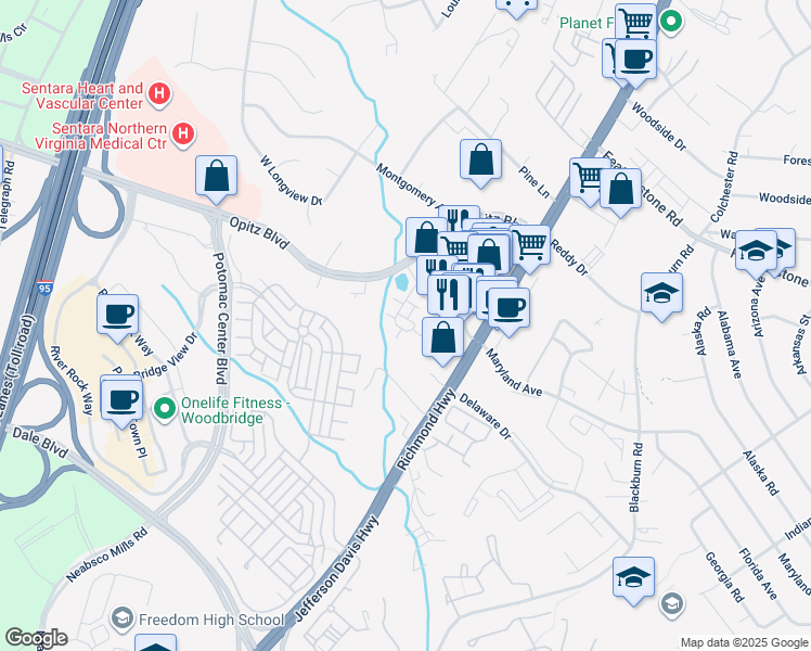 map of restaurants, bars, coffee shops, grocery stores, and more near 14809 Mason Creek Circle in Woodbridge