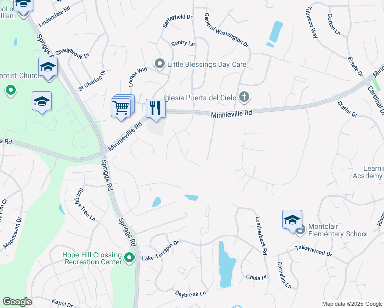 map of restaurants, bars, coffee shops, grocery stores, and more near 14847 Crotona Court in Woodbridge