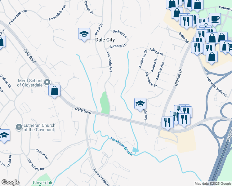 map of restaurants, bars, coffee shops, grocery stores, and more near 14819 Bryan Court in Woodbridge