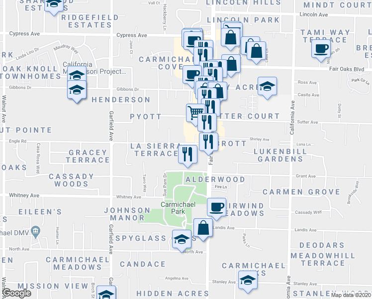 map of restaurants, bars, coffee shops, grocery stores, and more near 3632 Hallelujah Court in Carmichael