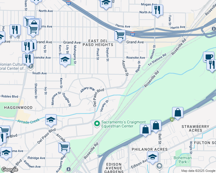 map of restaurants, bars, coffee shops, grocery stores, and more near 3541 Del Paso Boulevard in Sacramento