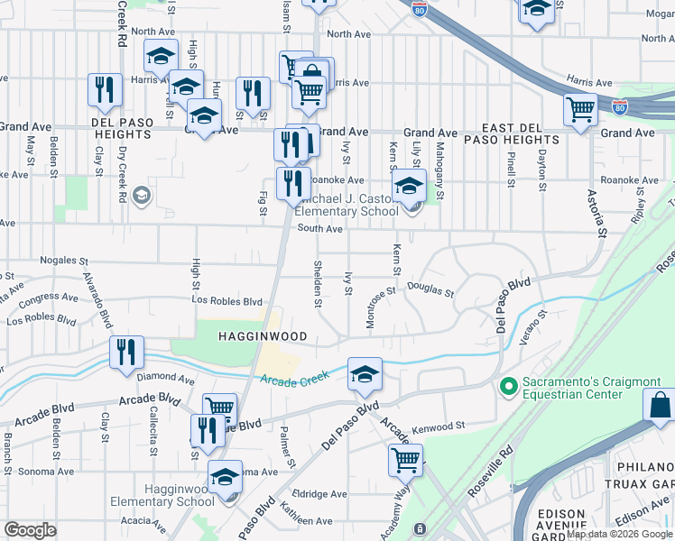 map of restaurants, bars, coffee shops, grocery stores, and more near 1666 Rosalind Street in Sacramento