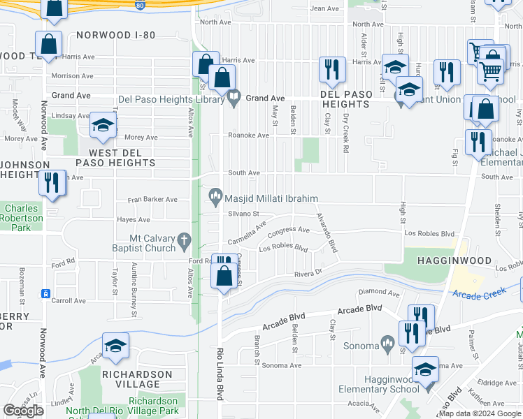 map of restaurants, bars, coffee shops, grocery stores, and more near 1021 Silvano Street in Sacramento