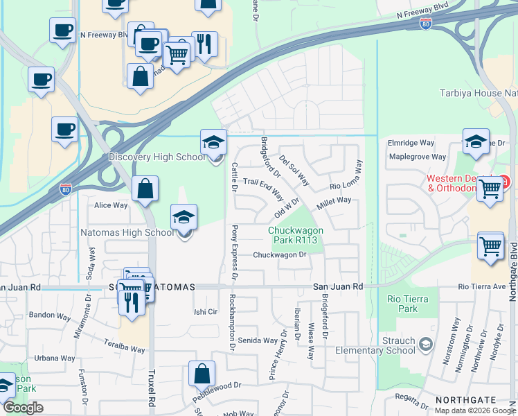 map of restaurants, bars, coffee shops, grocery stores, and more near 3458 Sagehen Way in Sacramento