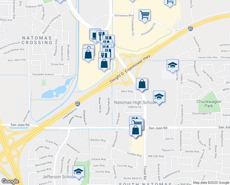 map of restaurants, bars, coffee shops, grocery stores, and more near 1970 Alice Way in Sacramento
