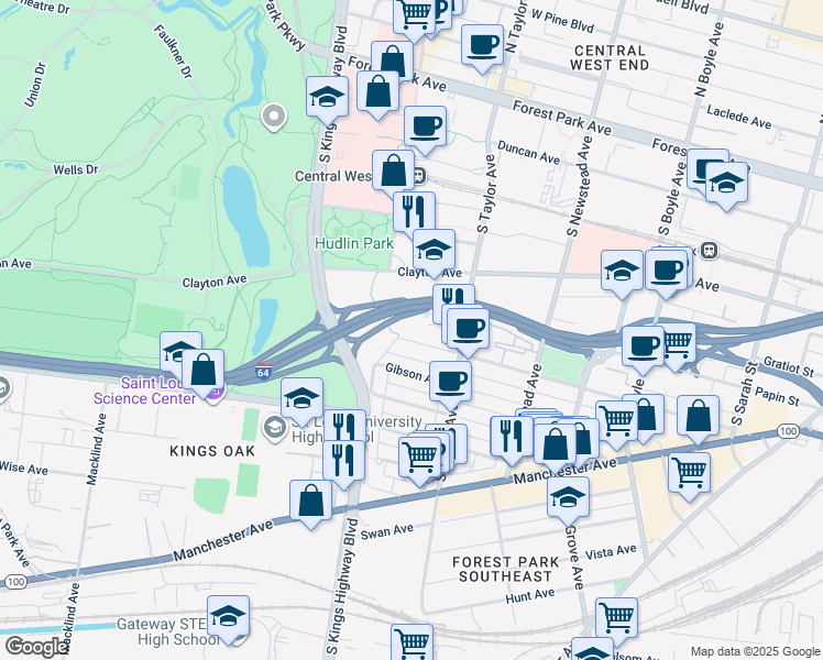 map of restaurants, bars, coffee shops, grocery stores, and more near 4551 Chouteau Avenue in St. Louis
