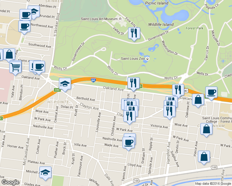 map of restaurants, bars, coffee shops, grocery stores, and more near 6464 Oakland Avenue in St. Louis