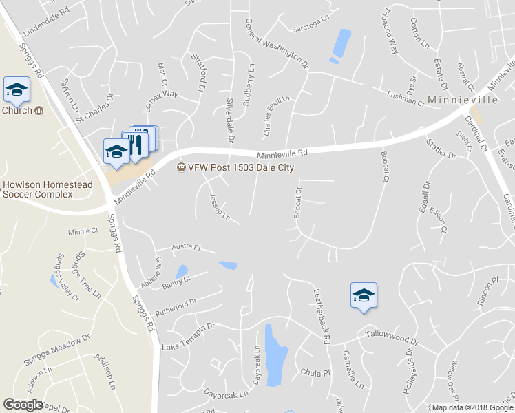 map of restaurants, bars, coffee shops, grocery stores, and more near 5225 Steidel Lane in Woodbridge