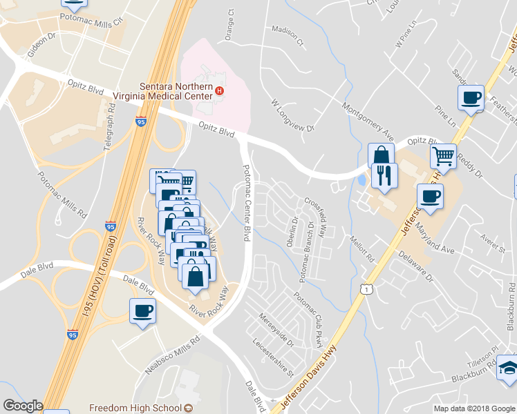 map of restaurants, bars, coffee shops, grocery stores, and more near 2405 Brookmoor Lane in Woodbridge