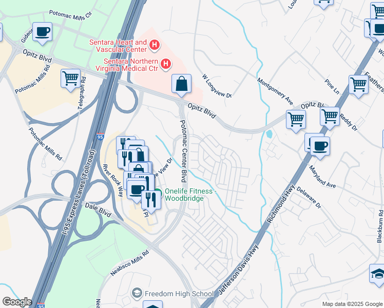 map of restaurants, bars, coffee shops, grocery stores, and more near 2405 Brookmoor Lane in Woodbridge