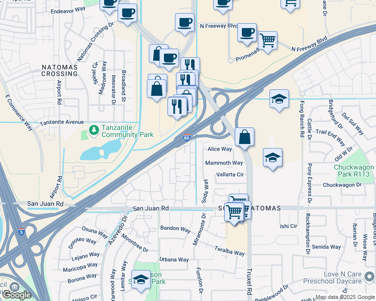map of restaurants, bars, coffee shops, grocery stores, and more near 3535 Summer Park Drive in Sacramento