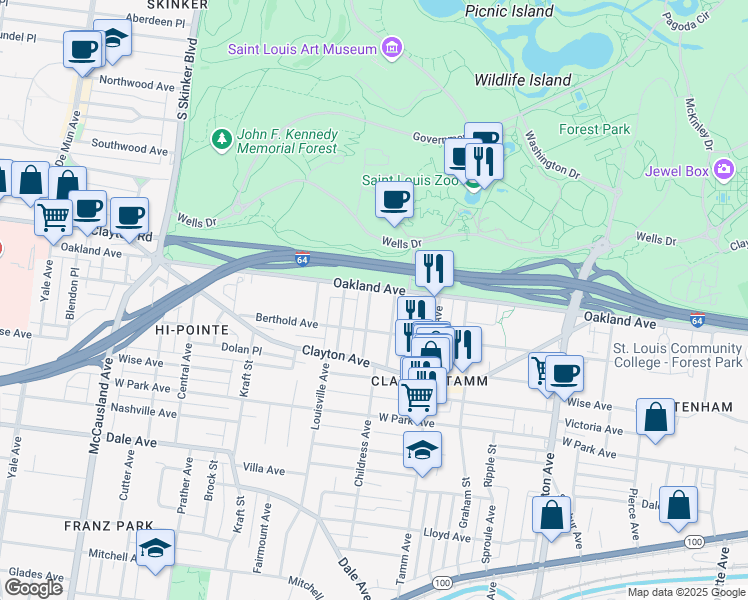 map of restaurants, bars, coffee shops, grocery stores, and more near 1010 Sanford Avenue in St. Louis