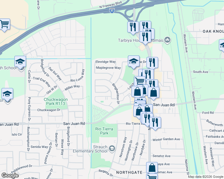 map of restaurants, bars, coffee shops, grocery stores, and more near 883 Rancho Roble Way in Sacramento