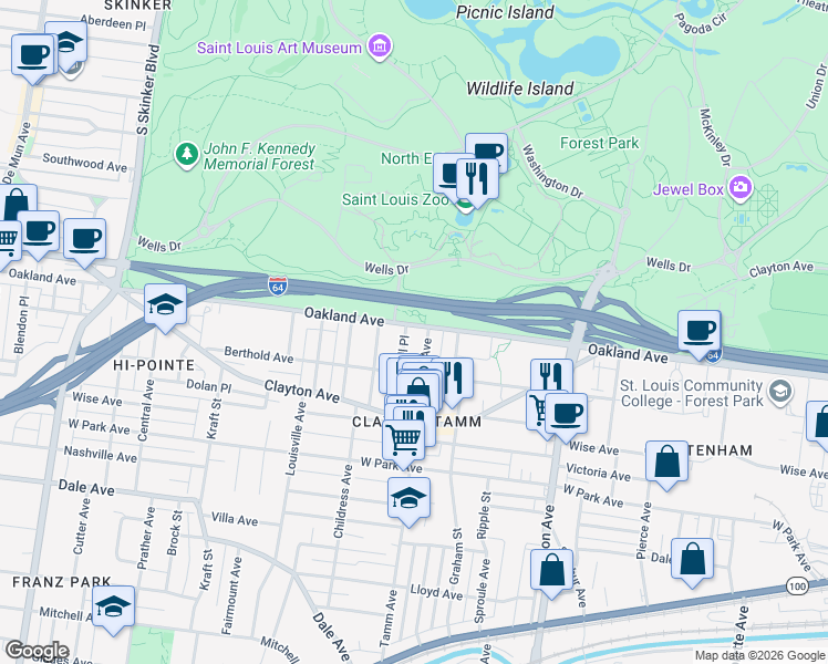 map of restaurants, bars, coffee shops, grocery stores, and more near 6412 Oakland Avenue in St. Louis