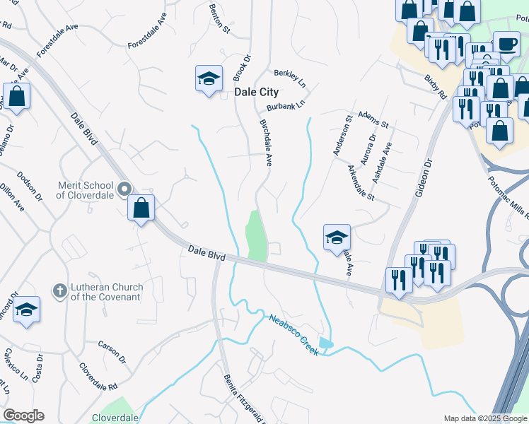 map of restaurants, bars, coffee shops, grocery stores, and more near 14723 Birchdale Avenue in Woodbridge