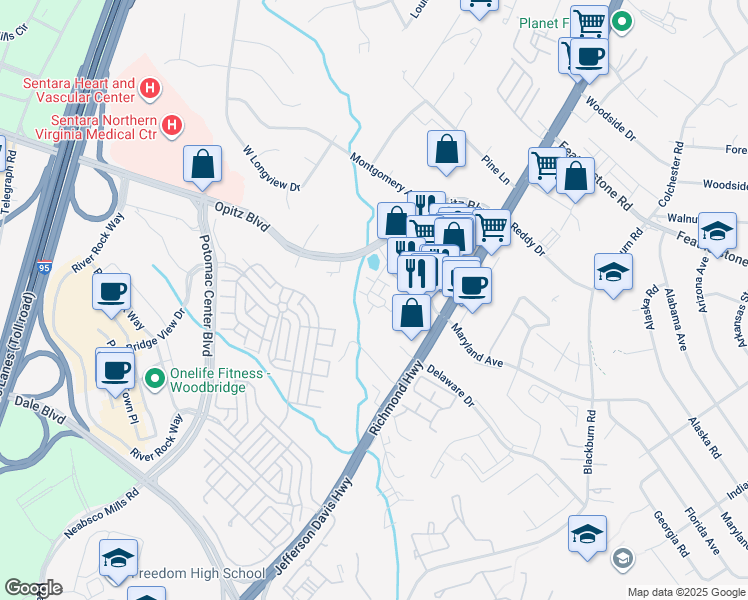 map of restaurants, bars, coffee shops, grocery stores, and more near 14801 Mason Creek Circle in Woodbridge