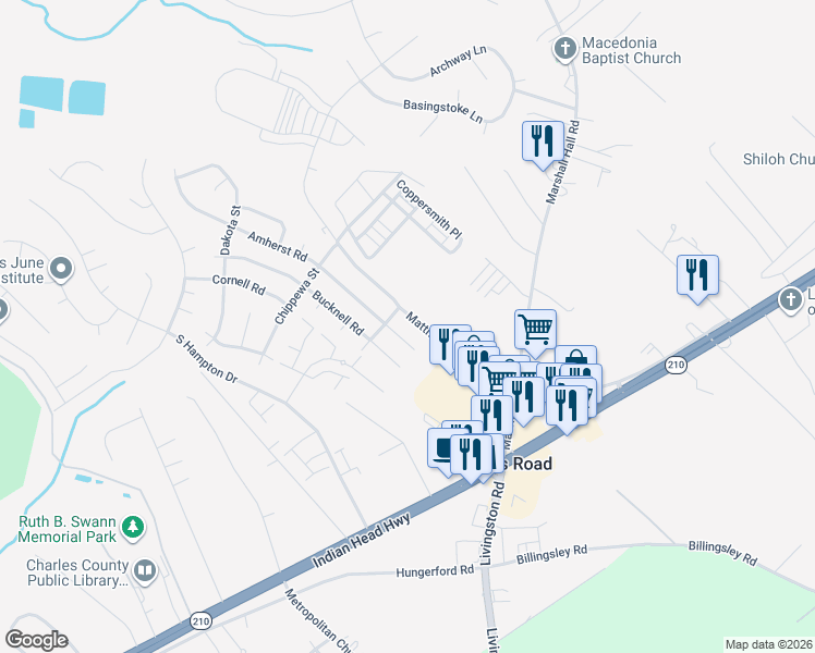 map of restaurants, bars, coffee shops, grocery stores, and more near 6843 Matthews Road in Bryans Road
