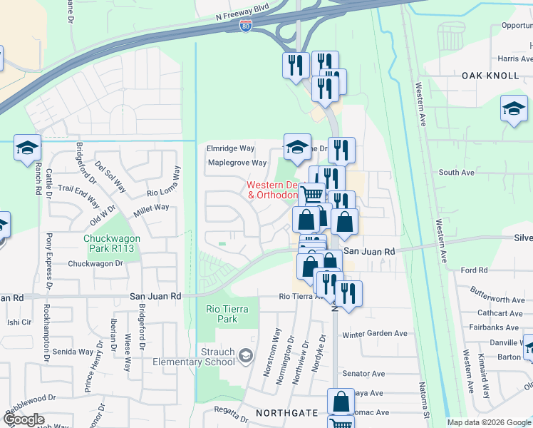 map of restaurants, bars, coffee shops, grocery stores, and more near 3476 Larchwood Drive in Sacramento