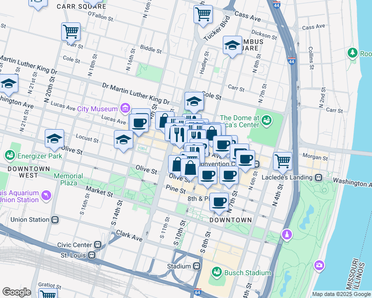 map of restaurants, bars, coffee shops, grocery stores, and more near 1110 Washington Avenue in St. Louis