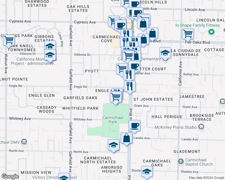 map of restaurants, bars, coffee shops, grocery stores, and more near 3632 Hallelujah Court in Carmichael