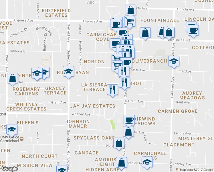 map of restaurants, bars, coffee shops, grocery stores, and more near 3632 Hallelujah Court in Carmichael