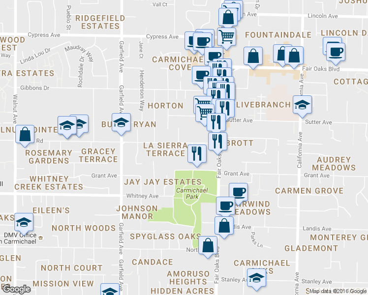 map of restaurants, bars, coffee shops, grocery stores, and more near 3607 Sareco Court in Carmichael