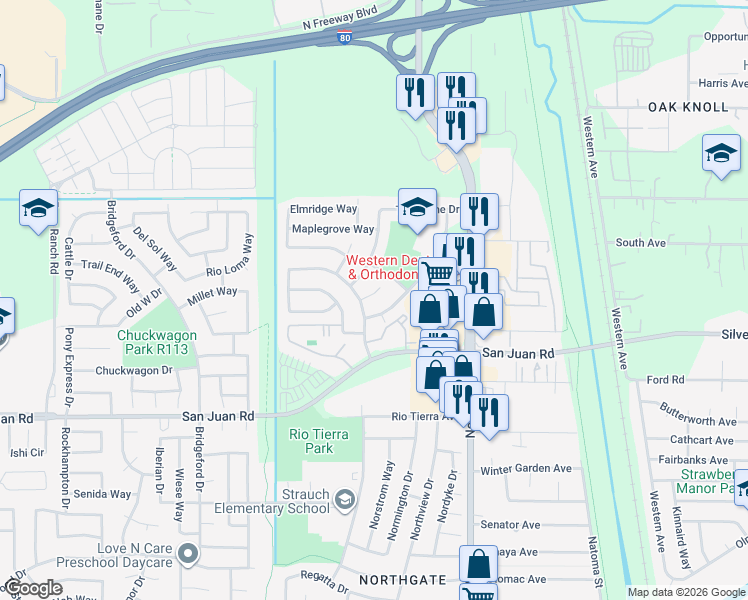map of restaurants, bars, coffee shops, grocery stores, and more near 3476 Larchwood Drive in Sacramento