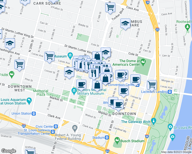 map of restaurants, bars, coffee shops, grocery stores, and more near 414 North Tucker Boulevard in St. Louis