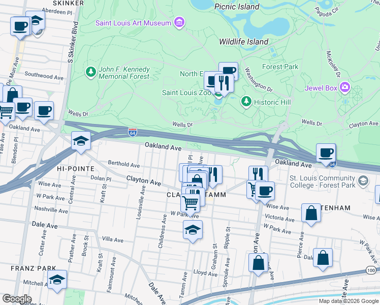 map of restaurants, bars, coffee shops, grocery stores, and more near 1016 Childress Avenue in St. Louis