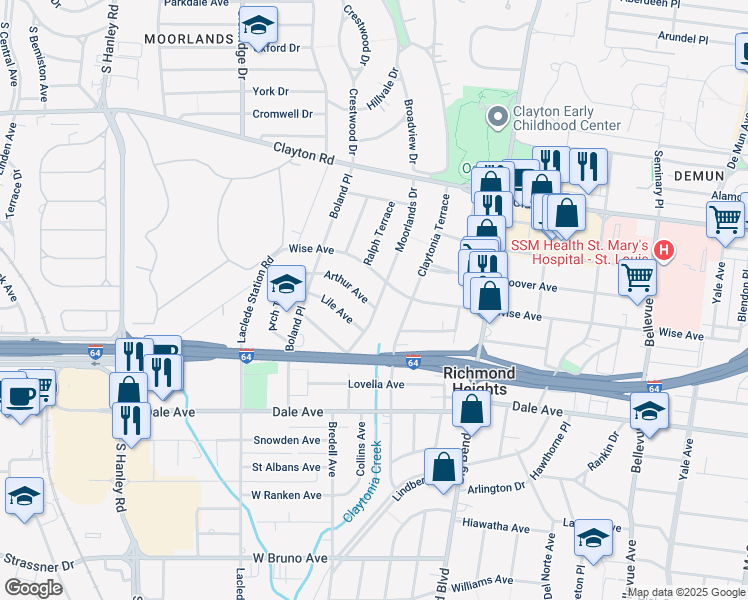 map of restaurants, bars, coffee shops, grocery stores, and more near 1220 Moorlands Drive in Richmond Heights