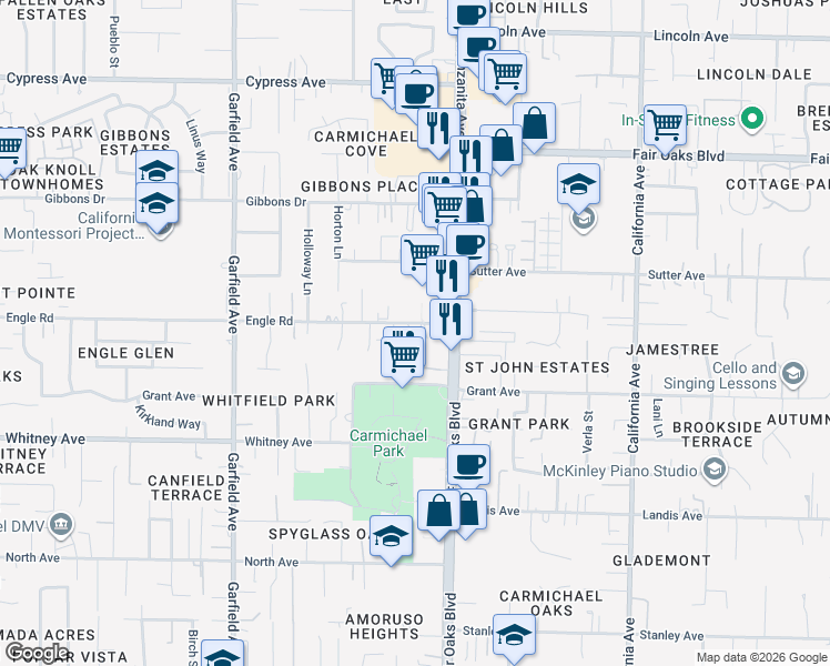 map of restaurants, bars, coffee shops, grocery stores, and more near 5804 Engle Road in Carmichael