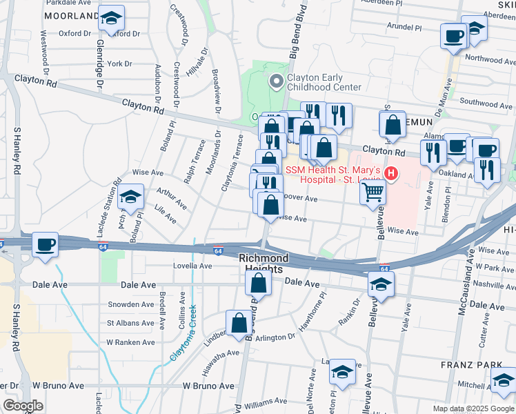 map of restaurants, bars, coffee shops, grocery stores, and more near 1201 South Big Bend Boulevard in Richmond Heights