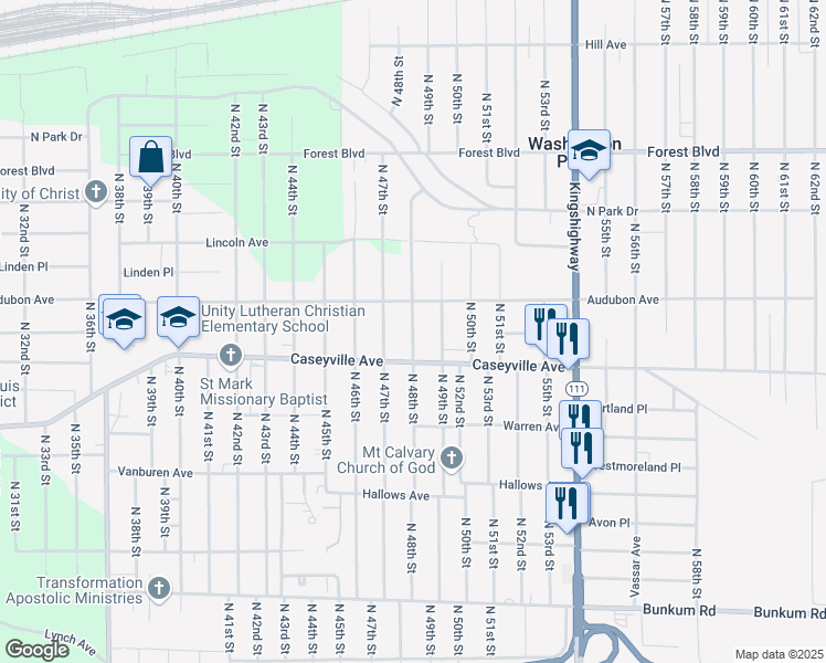 map of restaurants, bars, coffee shops, grocery stores, and more near North 48th Street in Washington Park