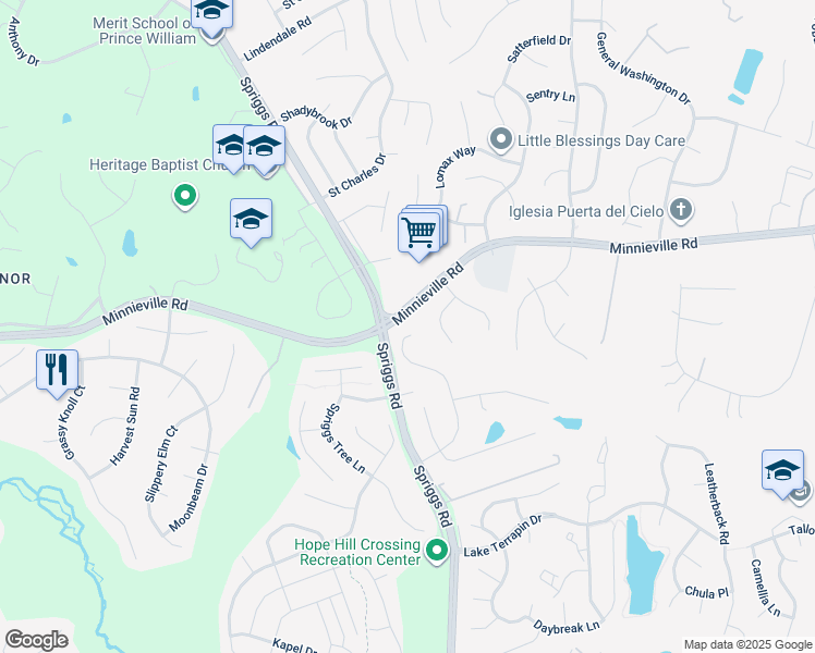 map of restaurants, bars, coffee shops, grocery stores, and more near 14850 Abilene Way in Woodbridge