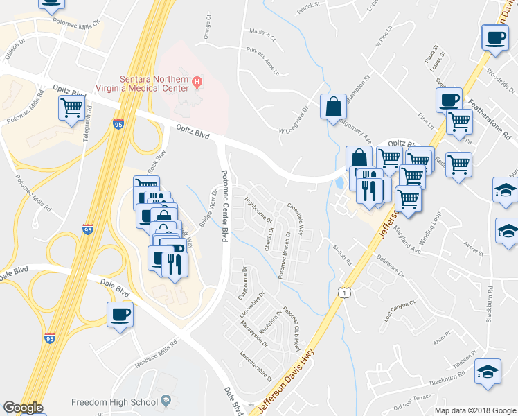 map of restaurants, bars, coffee shops, grocery stores, and more near 14762 Potomac Branch Drive in Woodbridge
