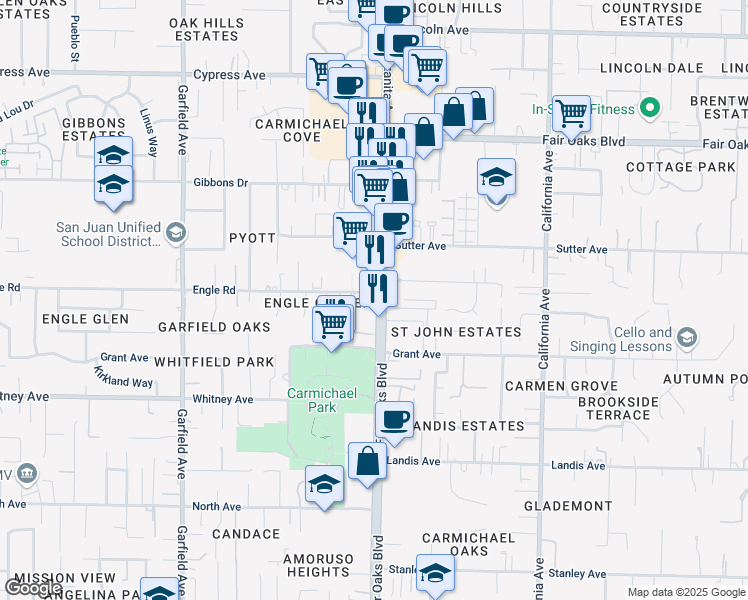 map of restaurants, bars, coffee shops, grocery stores, and more near 7135 Fair Oaks Boulevard in Carmichael